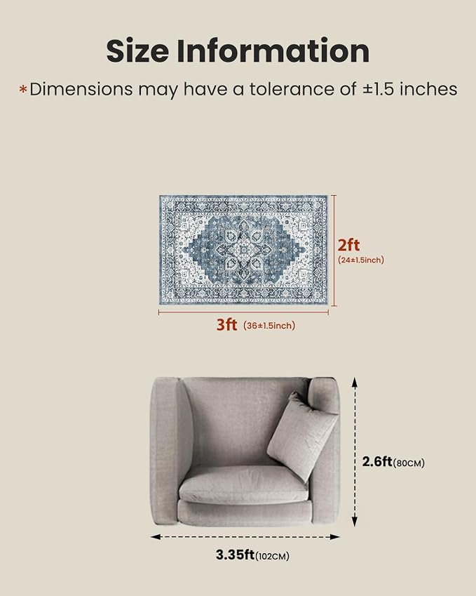 AMADA HOMEFURNISHING 2x3 Washable Area Rug, Low-Profile Entryway Rug with Non-Slip Backing & Durable Edge Binding, Vintage Rug Pattern, Small Rugs for Entryway, Kitchen & Living Room