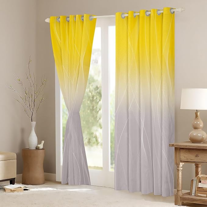 jejeloiu Yellow Darkening Drapes Kids Ombre Grey Strip Lines Curtains for Bedroom Living Room Gradient Style Blackout Curtains for Women Men Lightweight Abstract Window Treatments s