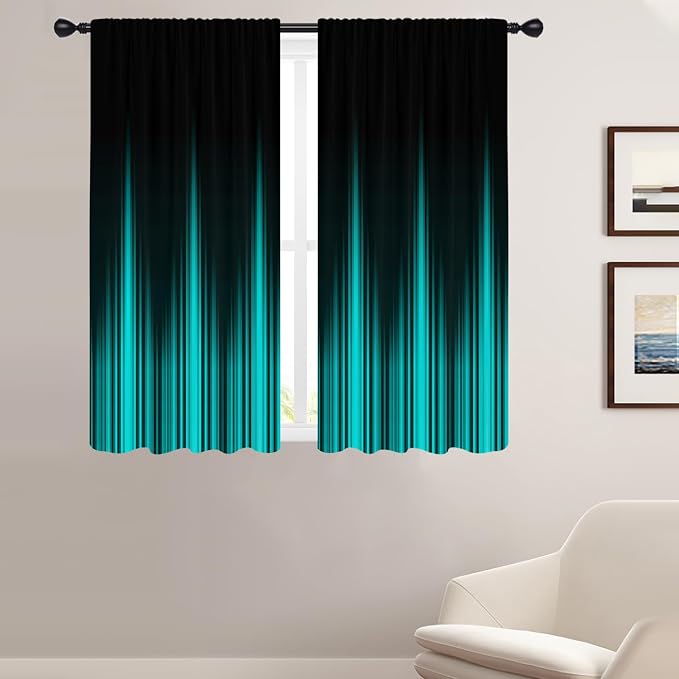 Coxila Teal and Black Window Curtains for Bedroom 42 x 63 Inch Rod Pocket Turquoise Aqua Ombre Dark Gothic Goth Cool Anime Boys Mens Abstract Fun Living Room Treatment Set of 2 Curtain Panels Drapes