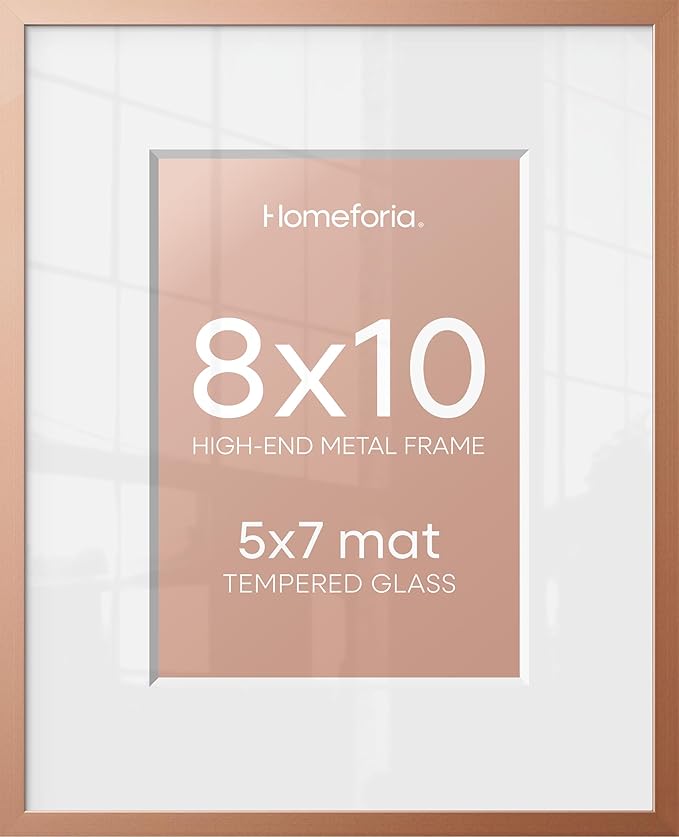 Homeforia Rose Gold 8x10 Picture Frame, High End Metal 8 x 10 Poster Frames with Mat 5 by 7 Print, 10x8 Thin Frame Matted to 7x5 Photo, 8by10 Wall or Tabletop Frame, Tempered Glass, Wall Kit, Set of 1