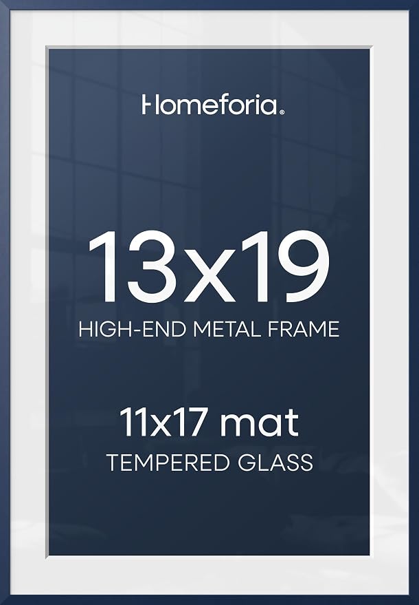 Homeforia 13x19 Picture Frame Navy Blue, High End Metal 13x19 Poster Frames with Mat 11x17 inch Photo, 13 x 19 Navy Blue Frame Matted to 11 by 17 Print, 19x13 Frame, Tempered Glass, Wall Kit, Set of 2