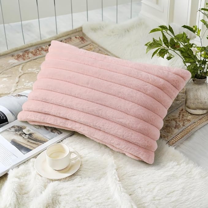 decorUhome Fall Cozy Faux Fur Throw Pillow Covers 12x20 Set of 2 Decorative Soft Plush Striped Lumbar Modern Farmhouse Boho Couch Pillow Cases with Velvet Back for Sofa Bed Living Room, Pink