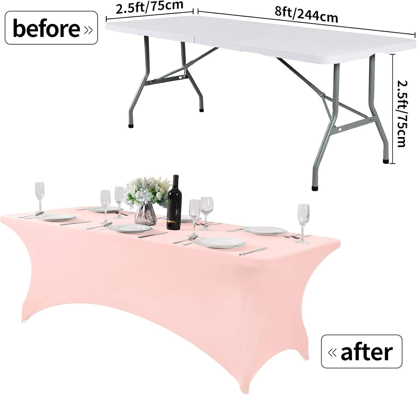 2Pack Spandex Table Cover for 8FT or 4ft or 6ft Table Universal Fitted Stretch Tablecloth for Party, Banquet, Wedding and Events-Blush Pink