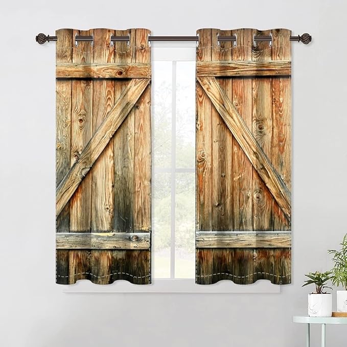 Closed Door Barn Curtains Rustic Vintage Wood Wooden Plank Window Farmhouse Countryside Living Room Kitchen Drapes Treatments Grommets Top,21x63 inch,2 Panels, Yellow
