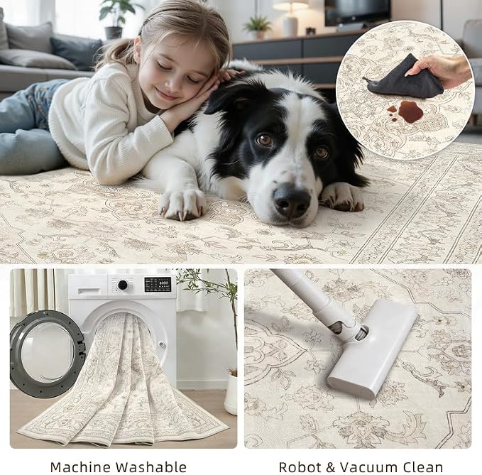 Machine Washable Area Rugs 2x3: Vintage Boho Neutral Washable Rug Indoor Soft Small Entryway Throw Carpet for Living Room Bedroom Kitchen Laundry Floor Non-Slip Low Pile Entrance Rug Beige White