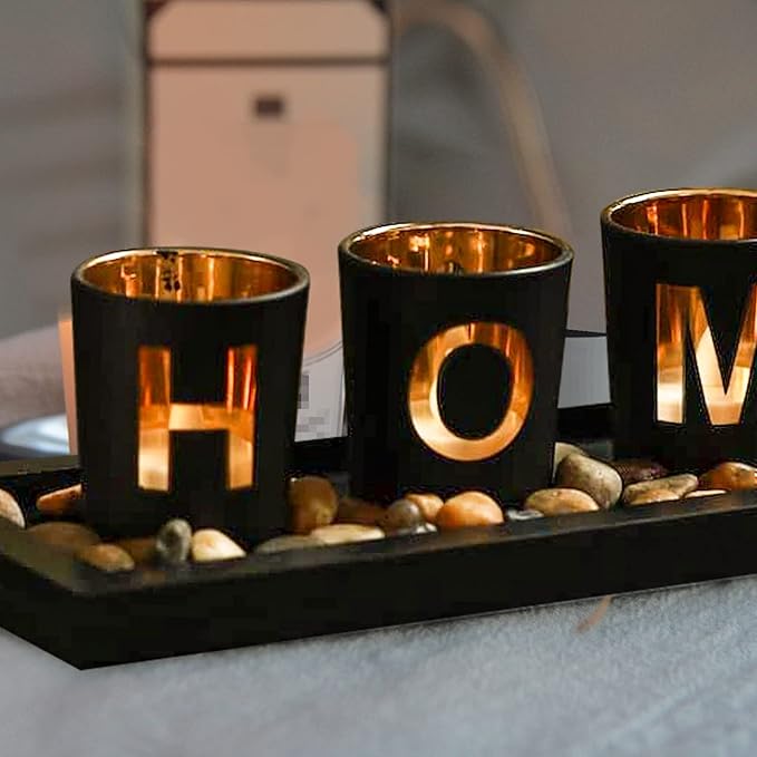 Home Decorative Candle Holder Set, 4 Glass Tea Light Candleholders with Wooden Candle Holders Tray, Natural Pebbles for Home Decor Table Decorations Centerpiece