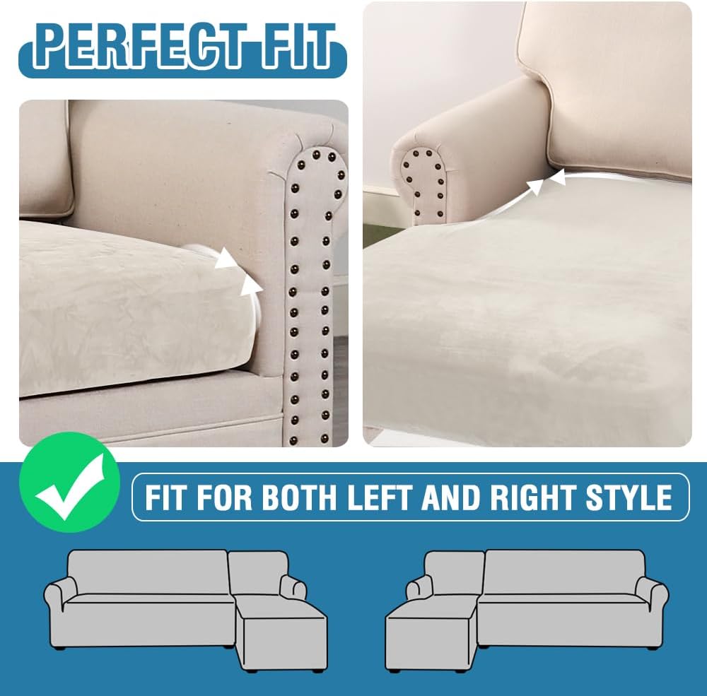 H.VERSAILTEX Velvet Stretch Sectional Couch Covers 3 Pieces Sofa Seat Cushion Covers L Shape Separate Couch Cover for Both Left/Right Sectional Couch (Large Sofa 2 Seater + 1 Chaise, Porcelain)