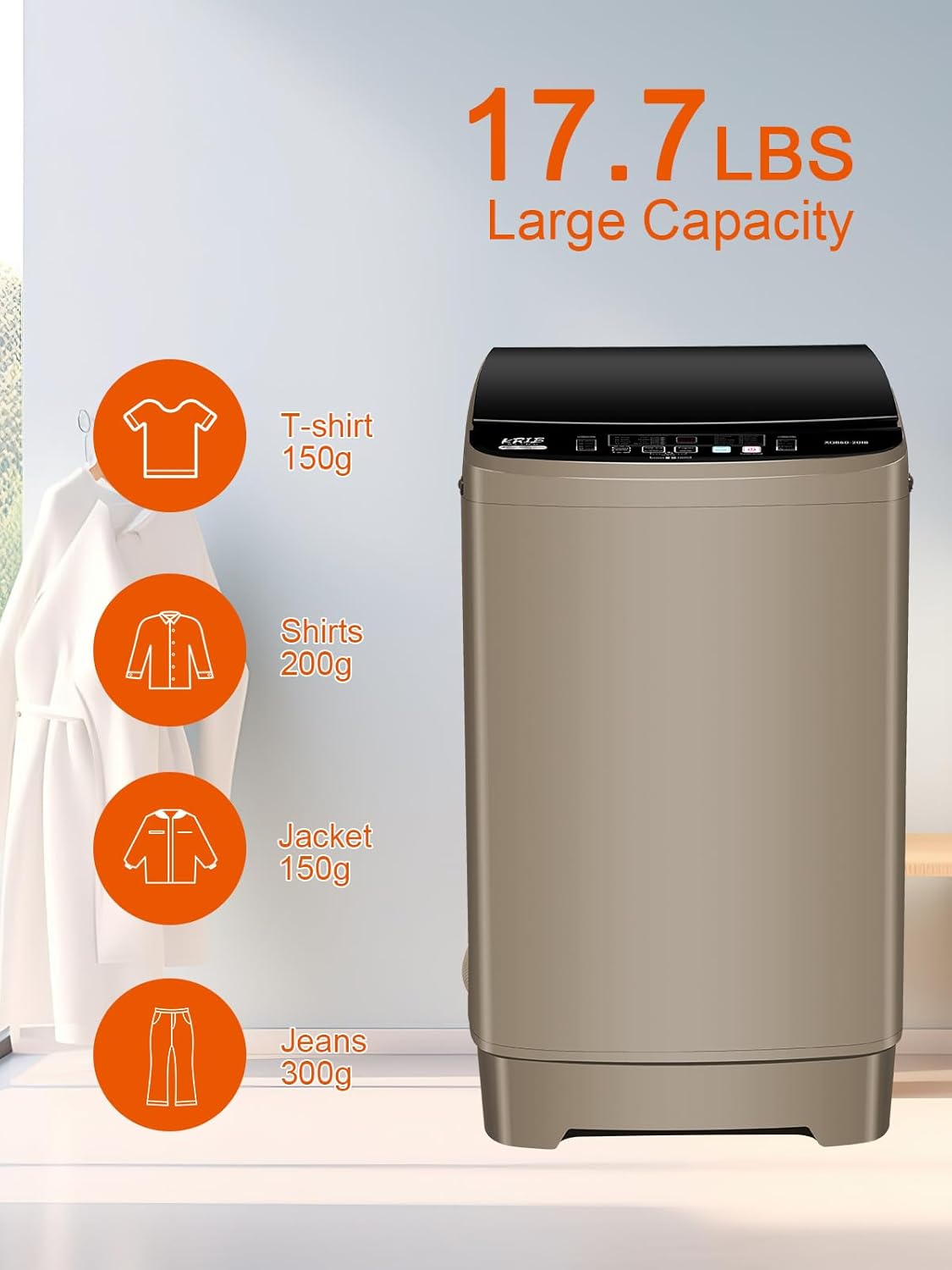 17.7 lbs Portable Washer Drain Pump, Full Automatic Washing Machine with LED Display, 10 Programs & 8 Water Levels Selections, Ideal for Camping, Apartment, Dorm, Glod