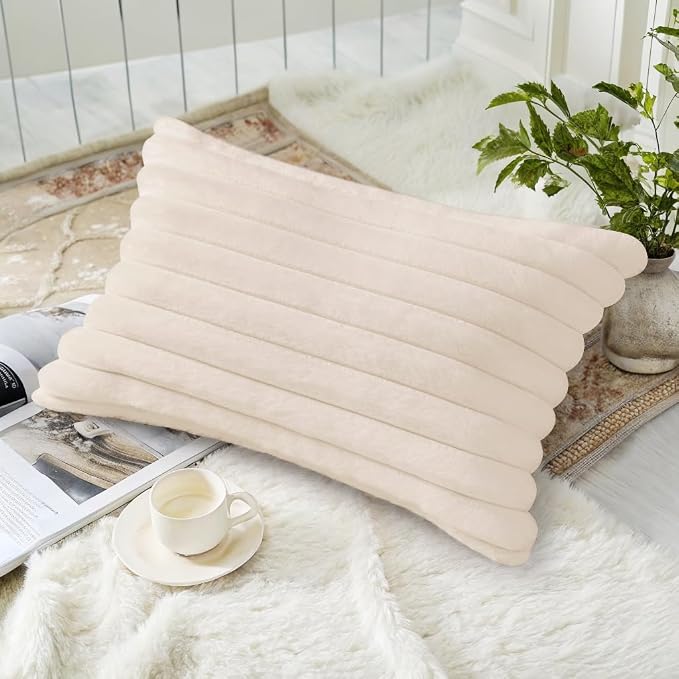 decorUhome Fall Cozy Faux Fur Throw Pillow Covers 12x20 Set of 2 Decorative Soft Plush Striped Lumbar Modern Farmhouse Boho Couch Pillow Cases with Velvet Back for Sofa Bed Living Room, Beige