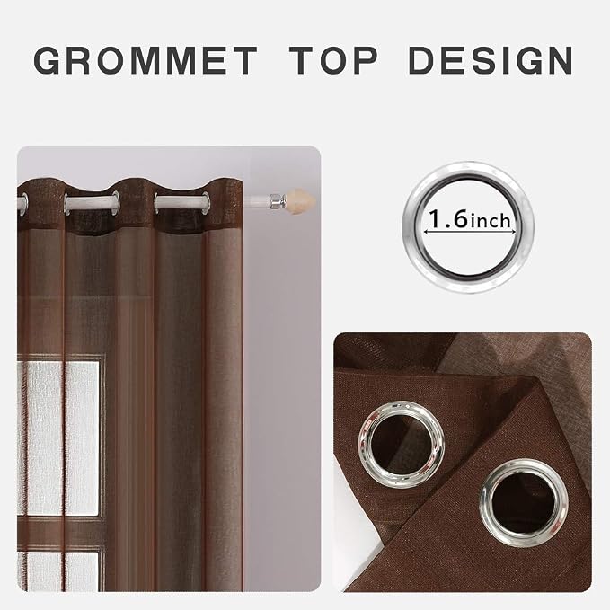 MIULEE 2 Panels Chocolate Brown Sheer Window Curtains Elegant Grommet Top Window Voile Drapes/Treatment Linen Textured Panels for Bedroom Living Room (54X84 Inches Dark Brown)