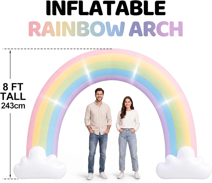 Jenaai 8ft Pastel Inflatable Rainbow Arch Blow up Yard Decorations with Built-in LED for Outdoor Baby Shower Wedding Birthday Pride Party Holiday, Giant Rainbow Archway Decor for Garden Lawn