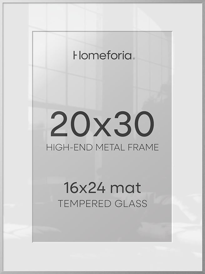 Homeforia Poster Frame Silver 20x30, High End Metal 20 x 30 Picture Frame with Mat 16 x 24 for Photo, 20x30 Silver Frames Matted to 16x24 Print, 30x20 Hanging Frame, Tempered Glass, Wall Kit, Set of 3