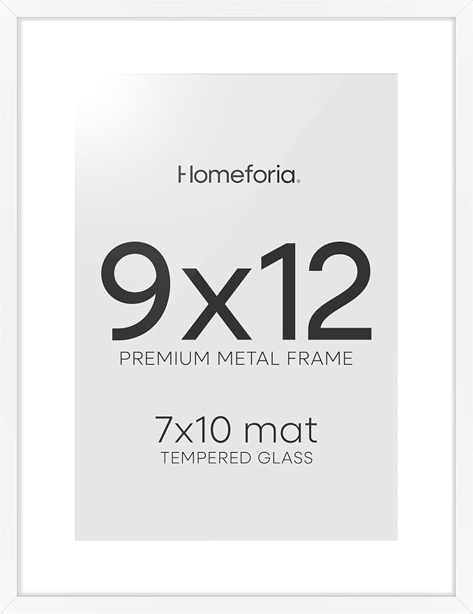 Homeforia 9x12 Picture Frame White, High End Metal 9 x 12 Poster Frames with Mat 7 by 10 inch Photo, 9by12 Frame Matted to 7x10 in Art, 12x9 Wall or Tabletop Frames, Tempered Glass, Wall Kit, Set of 2