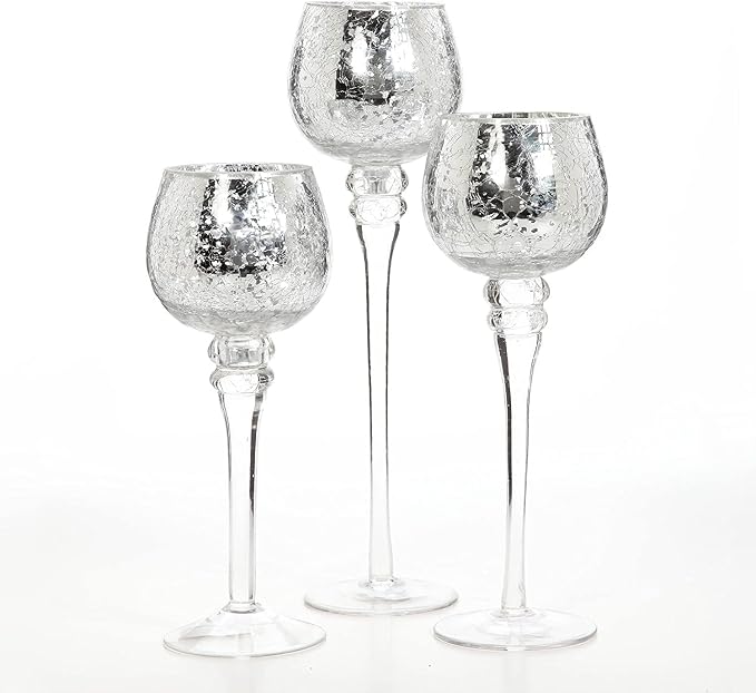 Hosley Set of 3 Metallic Crackle Glass Tealight Holders – 12", 10", 9" Elegant Home Decor, Ambient Lighting, Stylish Centerpieces & Gift Idea