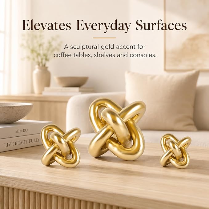 Gold Knot Decor for Coffee Table Book,Chain Link Living Room Decor Item for Bookshelf Entryway Nightstand TV Stand,Minimalist Knot Sculpture for Home Living Room,Centerpiece Table Decorations (Gold)