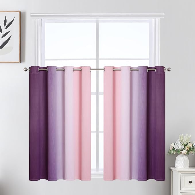 Estelar Textiler Pink and Purple Ombre Short Blackout Curtains 36 Inch Long, Thermal Insulated Grommet Small Half Window Drapes for Cafe/Basement/RV Camper/Kitchen, 52Wx36L, 2 Panels