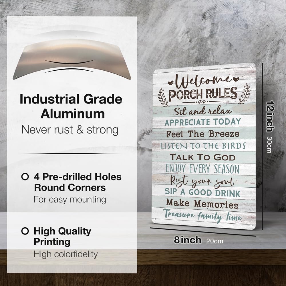 Heuhuww Heuhuww Welcome Porch Rules Tin Sign,Vintage Patio Wall Art Decor,Outdoor Rustic Farmhouse Home Patio Backyard Decor12" x 8"(H20)