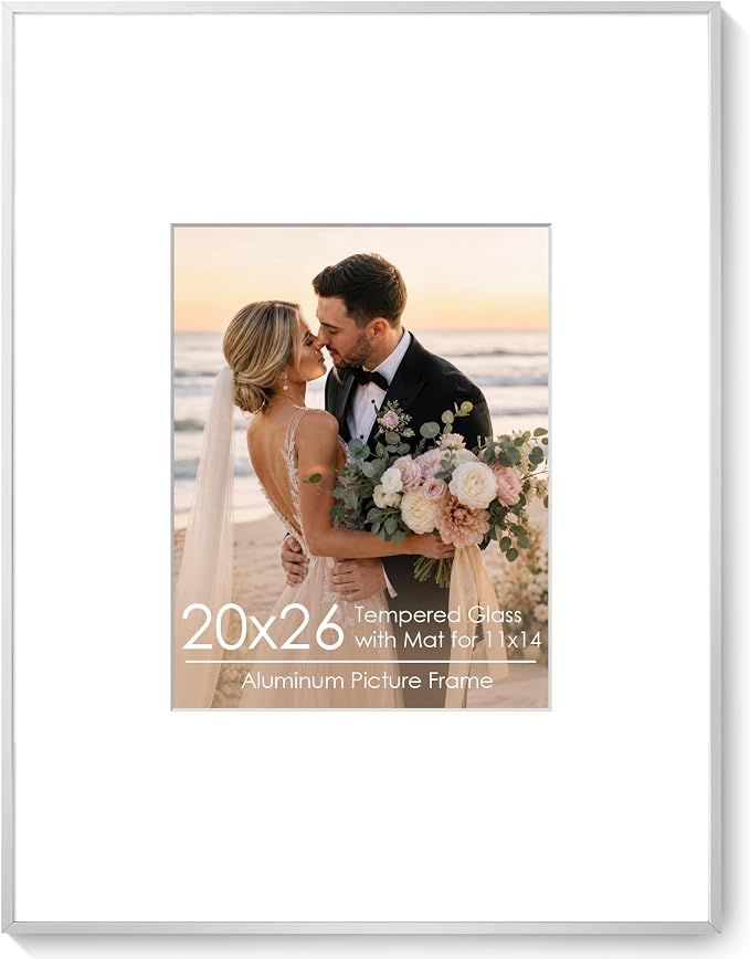 Signature Picture Frame 20x26, Aluminum Signable Frame with Glass, Silver | Sleek Silver Signable Frame with 11x14 for Wedding, Graduation, Birthday & Baby Shower Guest Book| Real Glass & Wall Kit
