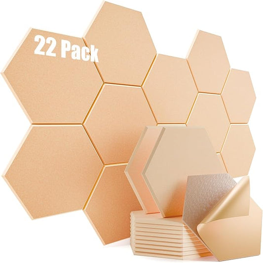22 Pack Self-Adhesive Acoustic Panels 12" X 10" X 0.4" - Sound Proof Foam Panels with High Density, Hexagonal Design, Flame Resistant, Absorb Noise and Eliminate Echoes(Light Apricot)