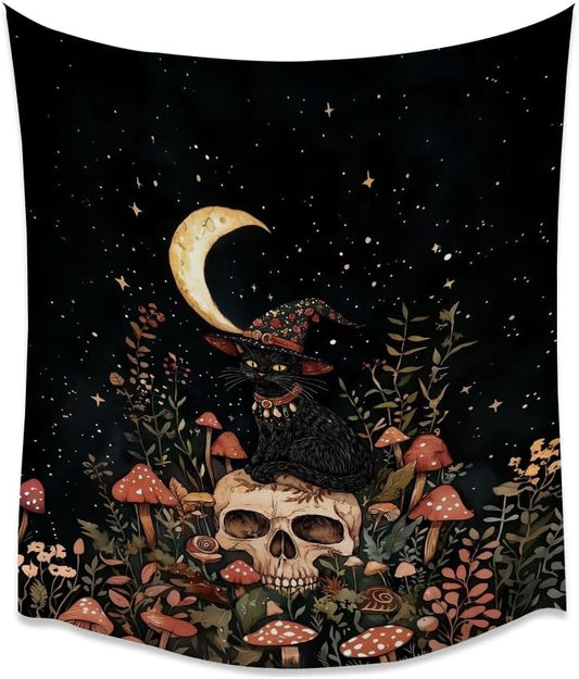 Halloween Witch Cat Tapestry Gothic Skull and Mushroom Artwork Print Spooky Halloween Witchy Wall Hanging Decor Black Cat Crescent Moon art Tapestries for Living Room Bedroom Decoration 40x60inch