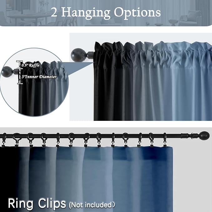 Navy Blue and Black Curtains for Living Room 63 Inch Length Ombre Curtains 2 Panel Bedroom Black and Blue Curtains Rod Pocket Light Filtering Window Curtain Modern Gradient Drapes