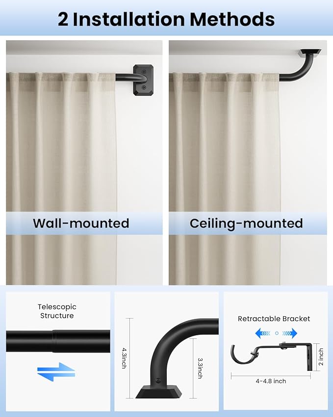 Black Long Curtain Rod, Room Darkening Curtain Rods for Windows 66 To 120 Inches, Wrap Around and Total Blackout Curtain Rod, Heavy Duty and Adjustable Curved Metal Window Treatment Rods, Matte Black