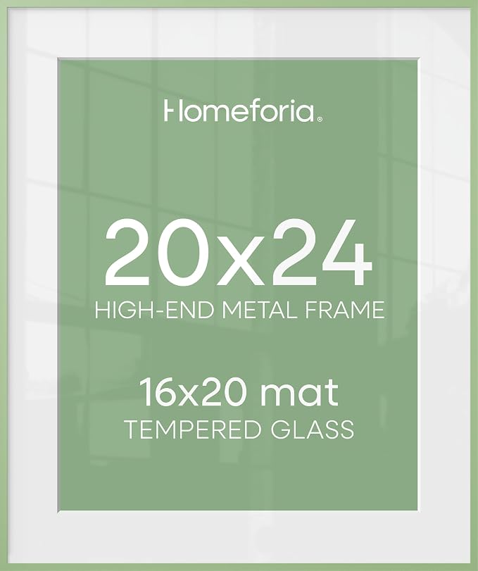 Homeforia 20x24 Frame Sage Green, High End Metal 20x24 Poster Frames with Mat 16x20 inch Photo, 20 x 24 Sage Green Picture Frame Matted to 16 by 20 Art, 24x20 Frame, Tempered Glass, Wall Kit, Set of 2