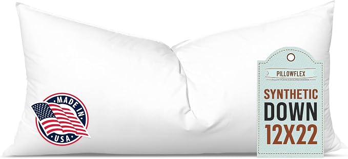 Pillowflex Synthetic Down Pillow Insert - 12x22 Down Alternative Pillow, Ultra Soft, Small Rectangle, Lumbar, Travel, Neck, Sleeping Pillow - 1 Decorative Pillow Form