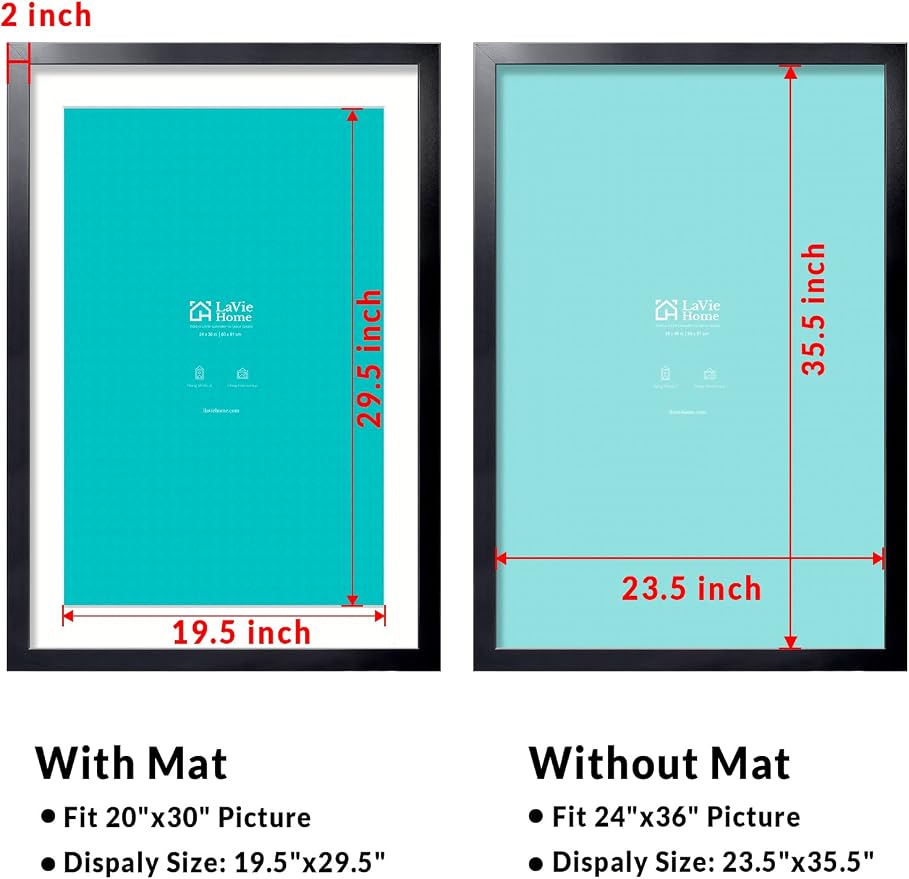 LaVie Home 24x36 Picture Frame Black Poster Frame,Display Pictures 20x30 with Mat or 24x36 Without Mat, Stable and Sturdy Frame and Polished Plexiglass, Horizontal and Vertical Format of The Walls