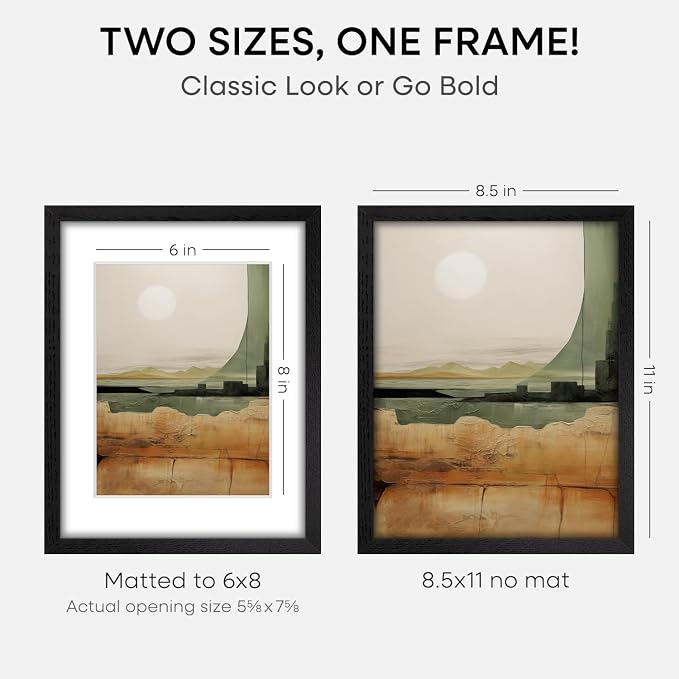 Homeforia 8.5x11 Picture Frame Black Wood, High End Oak 8.5 x 11 Frames with Mat 6 by 8 Print, 8.5by11 Wooden Frame Matted to 6x8 inch Photo, Wall or Tabletop Frame, Tempered Glass, Wall Kit, Set of 3