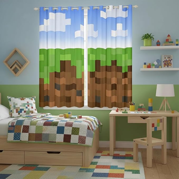 Castle Fairy Pixel Grid Miners Window Curtain | Pixelated Games Window Drapes for Boys Bedroom Decor,Geometric Grid Blackout Curtains Brown Green Army Camo Living Room Top 2 Panels,42Wx63L