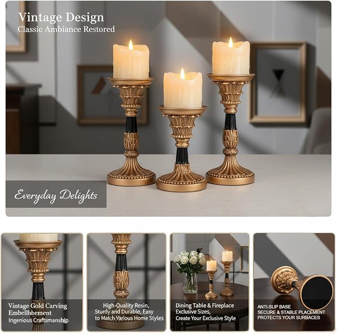Resin Pillar Candle Holders Set of 3 – an Antique Gold Frame with Engraved Decorations (9", 7.5", 6") with 3.1" Tray & Velvet Anti-Slip Base for Table Centerpiece and Fireplace Mantel Decor