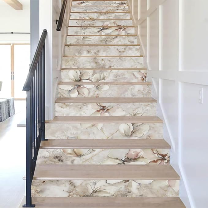 REDAMANCY Watercolor Boho Cream Sand Magnolia Florals Peel and Stick Vinyl Stair Riser Decals Staircase Tile Stickers Decor Modern Marble Decoration Self-Adhesive(14 Pcs)