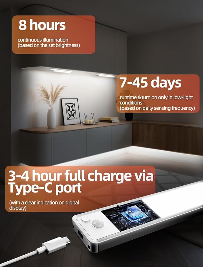 Under Cabinet Lighting: 10 Inch 3-Color Dimmable Rechargeable Motion Sensor Lights Indoor - Battery Operated Lights - Closet Light Magnetic Led Light for Kitchen Home Bathroom Counter 5 Pack