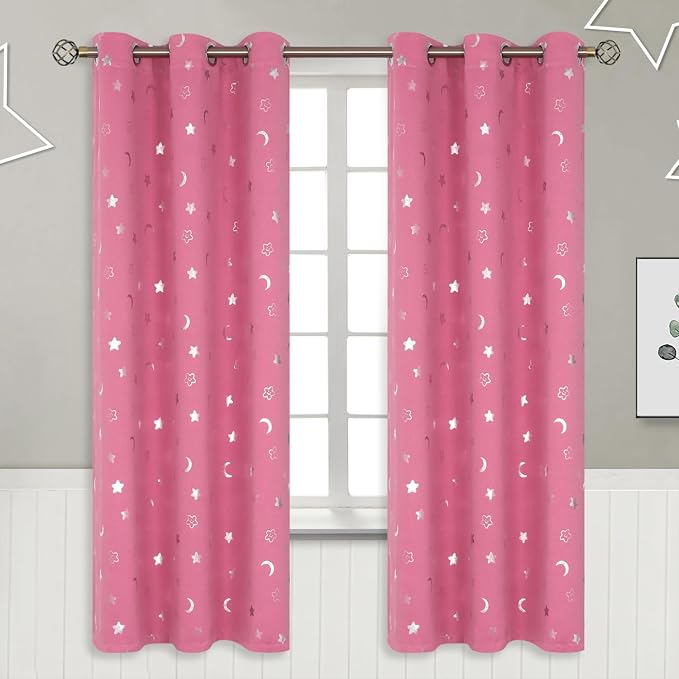 BGment Pink Curtains for Girls Bedroom 72 Inch Length, Star and Moon Blackout Curtains for Kids Babys Bedroom, Room Darkening Thermal Insulated Window Grommet Curtains for Nursery, 42 Wide, 2 Panels