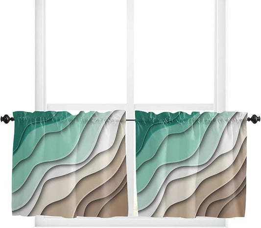 24 Inch Long Tier Curtains for Kitchen, Abstract Geometric Green Brown Gradient Waves Beach Bathroom Window Curtains Rod Pocket Short Curtains Window Treatment Tiers for Living Room 2 Panels
