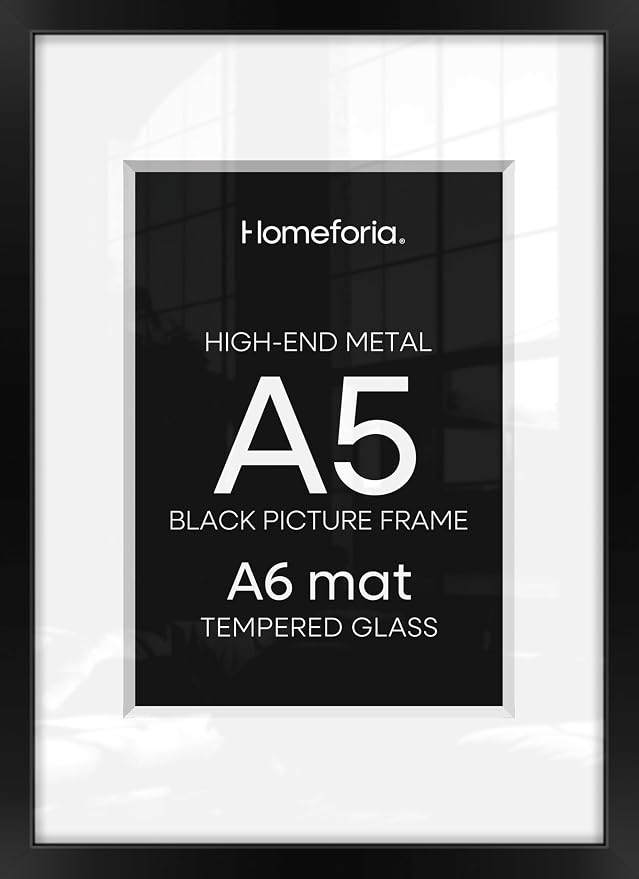 Homeforia A5 Picture Frame Black, High End Metal 5.8x8.3 Frames Matted to 4.1x5.8 Print, A5 Photo Frame with Mat A6, 5.8 x 8.3 Poster Frame, 8.3x5.8 Display Frames, Tempered Glass, Wall Kit, Set of 1