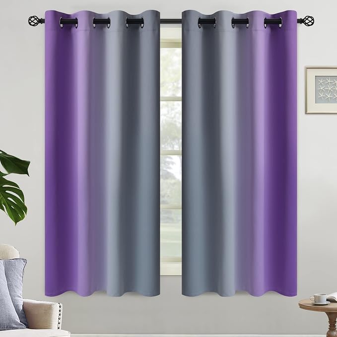 Yakamok Ombre Purple and Grey Curtains for Bedroom, Gradient Room Darkening Curtains 63 inches long,Grommet Thermal Insulated Light Blocking Window Drapes/Curtain for Living Room,52 x 63 Inch,2 Panels