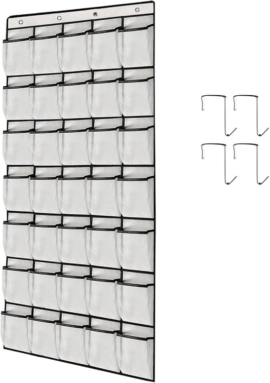 1 Pack 35 Breathable Mesh Pockets Large Hanging Shoe Organizer Over The Door Shoe Rack for Closet Door Storage Shoe Holder Hanger, 4Hooks, White (67.7'' x 26.4'')