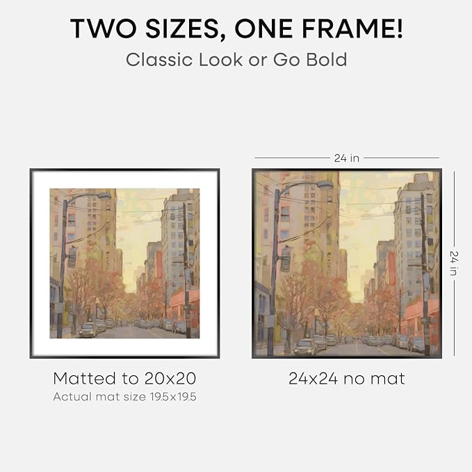 Homeforia 24x24 Picture Frame Black, High End Metal 24 x 24 Large Square Poster Frame Matted to 20 x 20 in Photo, 24by24 Thin Black Frames with Mat 20x20 inch Print, Tempered Glass, Wall Kit, Set of 2