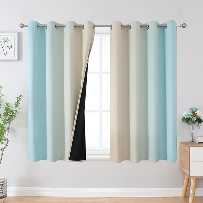 Estelar Textiler Aqua and Beige Ombre Blackout Curtains 45 Inch Length, Light Blocking Gradient Drapes for Bedroom, Thermal Insulated Grommet Curtains for Bathroom,52Wx45L,2 Panels