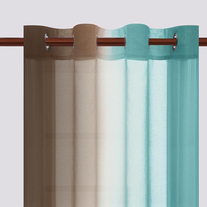 DWCN Ombre Sheer Curtains - Faux Linen Semi Voile Grommet Top Gradient Curtains for Bedroom and Living Room, Set of 2 Window Curtain Panels, 52 x 84 Inch Length（Teal and Chocolate Brown