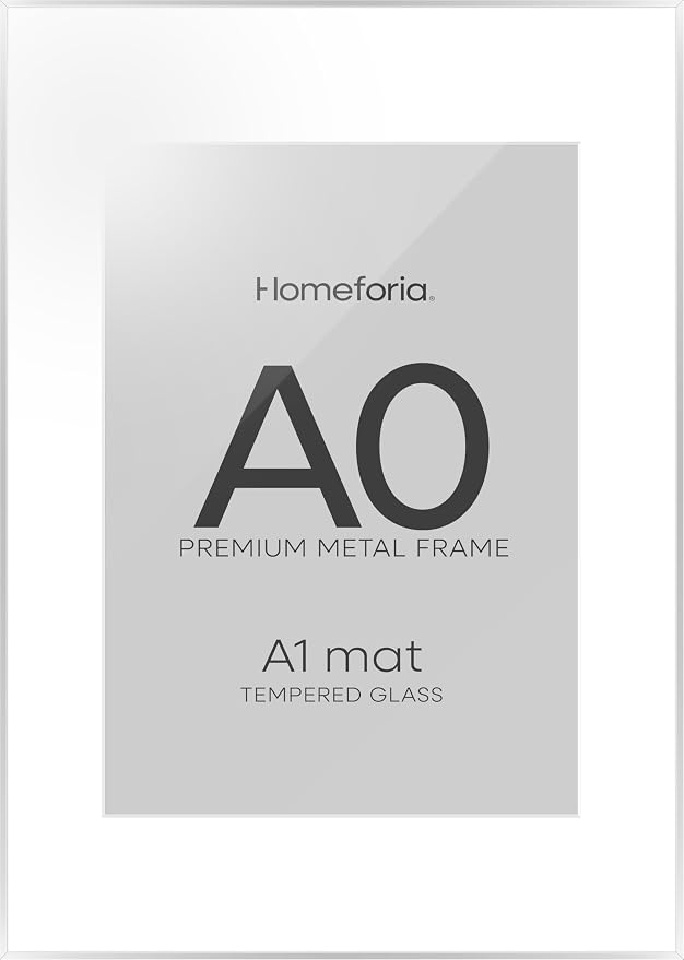 Homeforia A0 Poster Frame Silver, High End Metal A0 Large Picture Frame Silver with Mat A1 for Photo, 33.1x46.8 Frames Matted to 23.4x33.1 Print, 33.1 by 46.8 Frame, Tempered Glass, Wall Kit, Set of 2