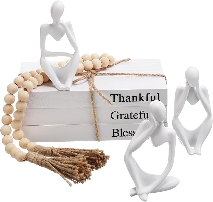 Beeveer 3 Pcs Decorative Books for Home Decor, White Faux Books for Decoration, White Resin Thinker Statue Abstract Art Sculptures, Rustic Farmhouse Beads Centerpiece for Room Office Shelf Desktop