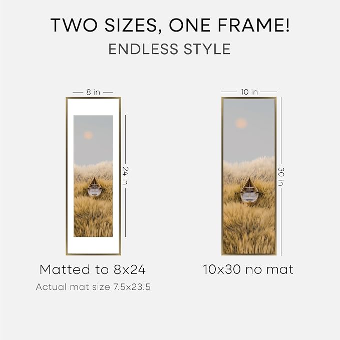 Homeforia 10x30 Picture Frame Bronze, High End Metal 10by30 Brass Poster Frames with Mat 8x24 Photo, 10 x 30 Panoramic Frames Matted to 8 by 24 Print, 30by10 Frames, Tempered Glass, Wall Kit, Set of 1
