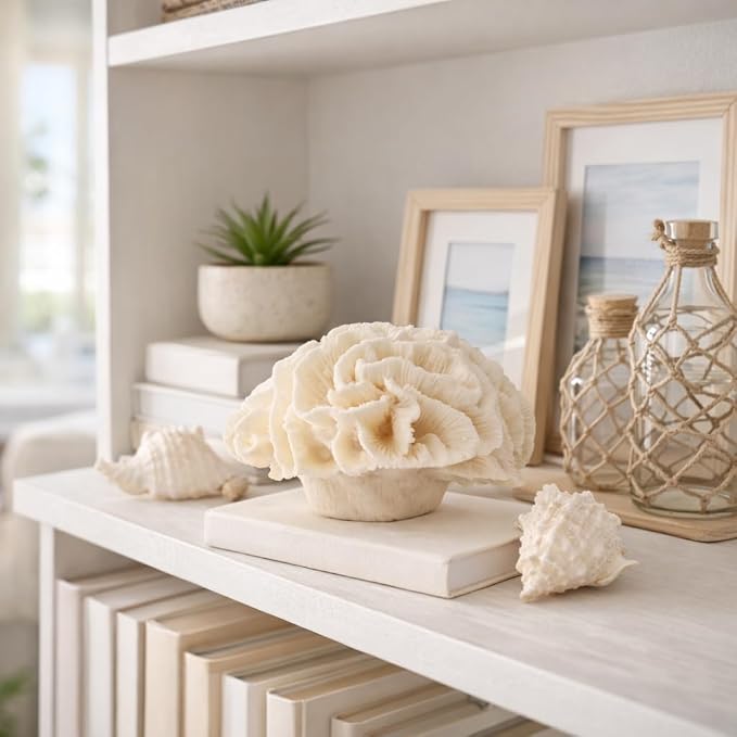 Polyresin Coral Figurine Sculpture – Decorative Accent for Shelf or Table, Coastal-Inspired Design for Living Room or Bedroom – Accent Piece for Any Room, Elegant Home Decor – 6x5x4, Ivory Tan