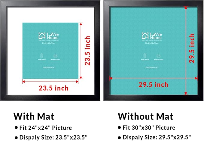 LaVie Home 30 x 30 Picture Frame Black Poster Frame, Display Pictures 24x24 with Mat or 30x30 Without Mat, Frame and Polished Plexiglass, Suitable for Photos, Artworks, Posters