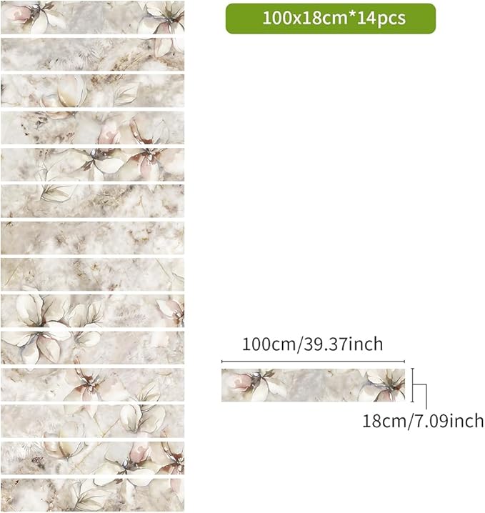 REDAMANCY Watercolor Boho Cream Sand Magnolia Florals Peel and Stick Vinyl Stair Riser Decals Staircase Tile Stickers Decor Modern Marble Decoration Self-Adhesive(14 Pcs)