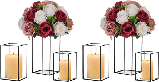 Hewory Glass Hurricane Candle Holder Set of 6, Black Large Hurricane Centerpiece for Table, Tall Floor Square Pillar Candle Holders Lantern Set for Wedding, Anniversary, Party, Fireplace, Dining Room