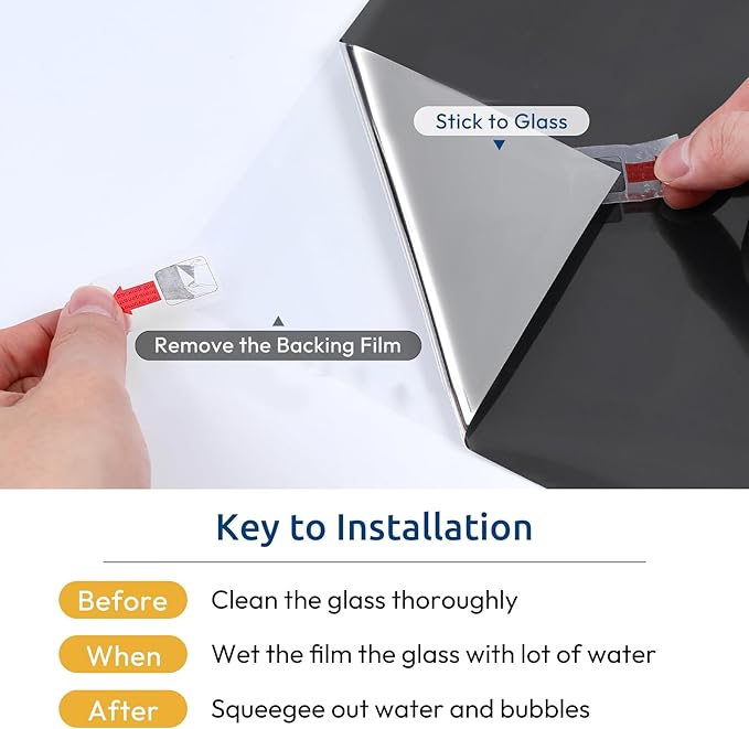 rabbitgoo Window Privacy Film One Way Window Tint for Home, Removable Reflective Heat Sun Blocking Anti UV Glass Door Covering, Mirror Tinting Film House Office, 23.6 in X 9.8 Feet, Black Silver